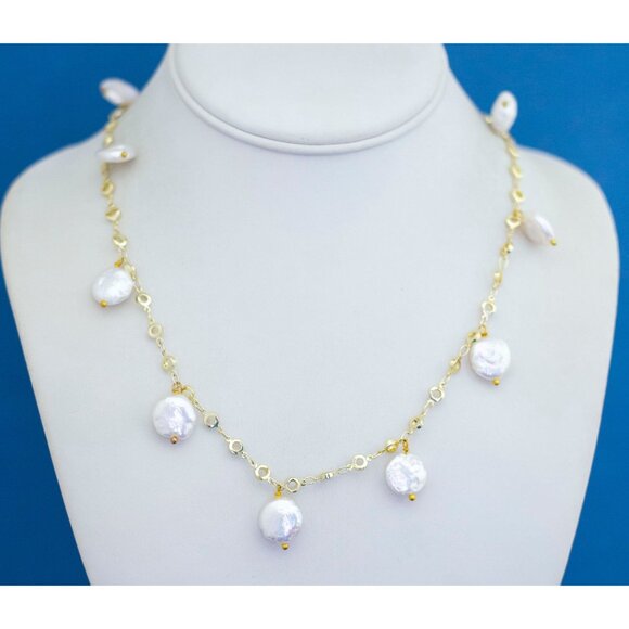 40 inch, Vintage Gold Tone Faux Pearl White Beads Chain Link Necklace D35 - Picture 2 of 3